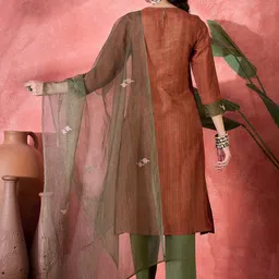 Sangria Striped Printed Round Neck Straight Kurta With Trousers And Dupatta image 5