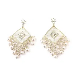 TESSARA Gold-Plated Artificial Stones Studded And Beaded Diamond Shaped Drop Earrings image 2