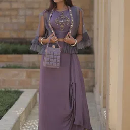GloballyRonakRBafna Embroidered Crop Top & Jacket With Skirt Co-Ords-image-76