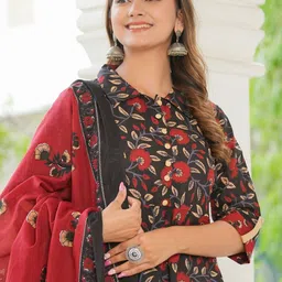 IKRASS Women Floral Printed Regular Pure Cotton Kurta with Trousers & With Dupatta image 2