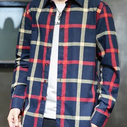 KPOP Men Red Tartan Checks Casual Shirt-picture-26