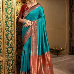 Mitera Woven Design Zari Silk Blend Handloom Paithani Saree-picture-32