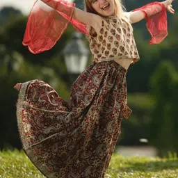 NIMBU Girls Floral Block Printed Cotton Ready to Wear Lehenga & Choli With Dupatta-image-2