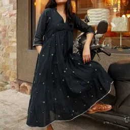 ANAIYAH Cotton Mandarin Collar Midi Empire Dress-picture-29