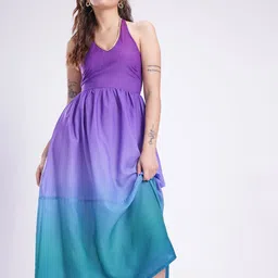 fusion by glitchez Ombre Dyed Halter Neck Gathered & Smocked Detail A-Line Midi Dress-image-28