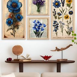 Kotart Brown & Blue 4 Pieces Floral and Botanical Wooden Wall Arts-picture-45