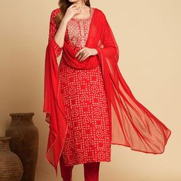 GoSriKi Bandhani Printed Thread Work Kurta With Trousers & Dupatta-picture-36