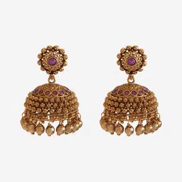 Kushal's Fashion Jewellery Gold-Plated Stones Studded Dome Shaped Antique Jhumkas image 2
