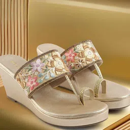 Mochi Floral Embroidered Ethnic - Embellished Wedge Sandals-image-11