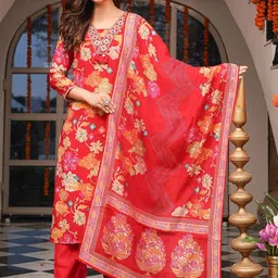 KALINI Floral Printed Mirror Work V-Neck Straight Kurta With Trousers & Dupatta image 4