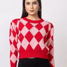 GFO Women Geometric Printed Woollen Crop Sweaters-image-43