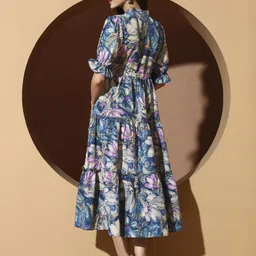 LookShine Women Blue Floral Print Bell Sleeve A-Line Midi Dress image 3