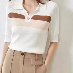 DressBerry Women Striped Shirt Collar Short Sleeves Pullover image 4