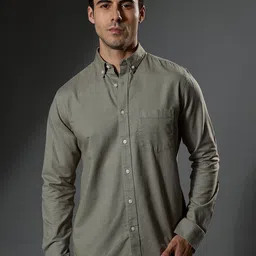 Espanshe Men Slim Fit Button-Down Collar Pure Cotton Oxford Casual Shirt With Elbow Patch-image-50
