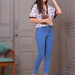 BAESD Women Printed Flared Sleeves Lace Detailed Empire Top-image-5