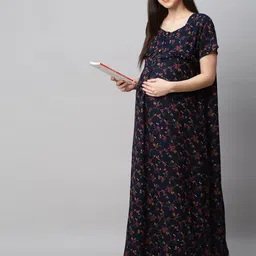 MomToBe Navy Blue Printed Maxi Maternity Sustainable Nightdress-image-70