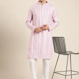 SOJANYA Men Pink & Blue Striped Kurta image 2