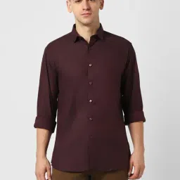 V Dot Brown Cotton Slim Fit Self Pattern Shirt-image-14