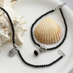 Panash Oxidized Silver Plated Black Beaded Handcrafted Anklets Set of 2 image 1