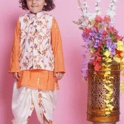 Little Bansi Boys Orange & Cream Embroidered Full Sleeves Kurta, Dhoti with Nehru Jacket image 1