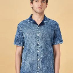 People by Pantaloons Blue Cotton Slim Fit Self Pattern Shirt-picture-42