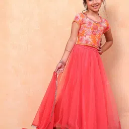 BIBA Girls Orange & Coral Embellished Lehenga, Choli with Dupatta image 1