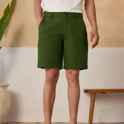 Andamen Olive Cotton Regular Fit Self Pattern Shorts-picture-12