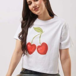 Globus Women White Round Neck Short Sleeves Cherry Print Oversized T-Shirt-picture-35