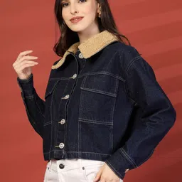 plusS Spread Collar Long Sleeves Denim Open Front Jacket image 4