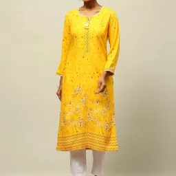 Rangriti Yellow Printed Straight Kurta image 1