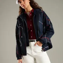 TOMMY HILFIGER Flag Chain Wavy & Navy Regular Fit Polyester Hooded Neck Windcheater Jacket-picture-14