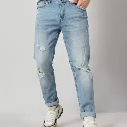 celio* Light Blue Regular Fit Lightly Washed Distressed Jeans-image-70