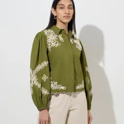 LOV by Westside Olive Leaf Embroidered Cotton Shirt-picture-41