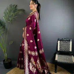 Elora Plum Woven Design Saree With Unstitched Blouse image 1