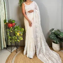Saree Mall White Embellished Sarees With Unstitched Blouse image 1