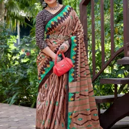 Saree Mall Brown Printed Sarees With Unstitched Blouse image 1