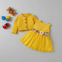 YK Girls Yellow Polyester Embellished Fit & Flare Mini Dress With Jacket-picture-26