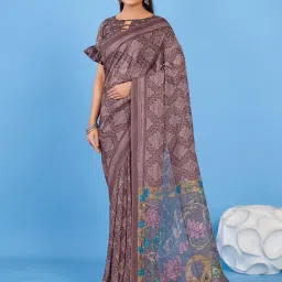 Saree Mall Brown Printed Sarees With Unstitched Blouse image 1