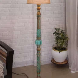 Homesake Rustic Green Wooden Royal Carving Floor Lamp with Beige Shade - Set of 1 image 1