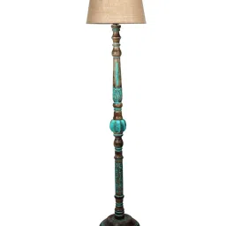 Homesake Rustic Green Wooden Royal Carving Floor Lamp with Beige Shade - Set of 1 image 2