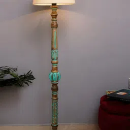 Homesake Rustic Green Wooden Royal Carving Floor Lamp with Beige Shade - Set of 1 image 4