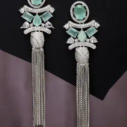 Zeneme Silver Plated Brass Contemporary AD Shoulder Duster Dangler Earrings-image-30
