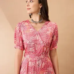 Globus Women Pink Wrap V-Neck Puff Sleeves Abstract Print Flared Wide Leg Fusion Jumpsuit with Belt image 4