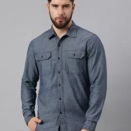 Woodland Blue Cotton Regular Fit Textured Shirt-image-50