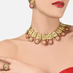 Zaveri Pearls Pink & Green Flowers Ethnic Peacock Inspired Necklace Earring & Ring Set-ZPFK11666-picture-18