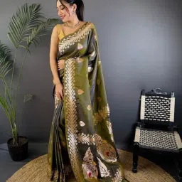 Elora Mahendi Green Woven Design Saree With Unstitched Blouse image 5