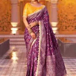 Satrani Wine & Yellow Woven Saree With Unstitched Blouse-image-70
