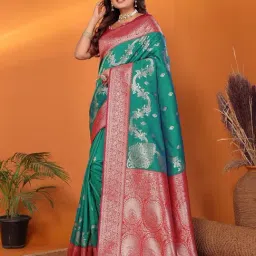 Elora Pine Green Woven Design Saree With Unstitched Blouse-image-0