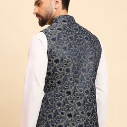 House of Pataudi Men Woven Design Mandarin Collar Nehru Jacket image 5