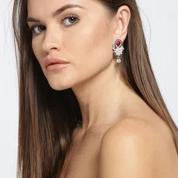 Jewels Galaxy Red & Pink Silver-Plated Handcrafted Floral Drop Earrings image 3